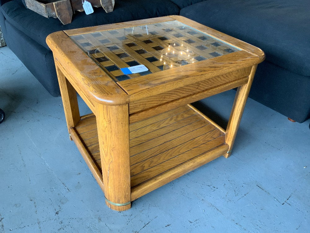 Wood Lattice Glass Inlay End Table|286781