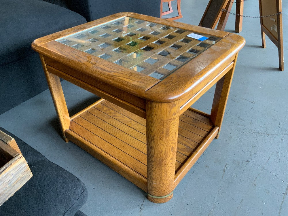 Wood Lattice Glass Inlay End Table|286782