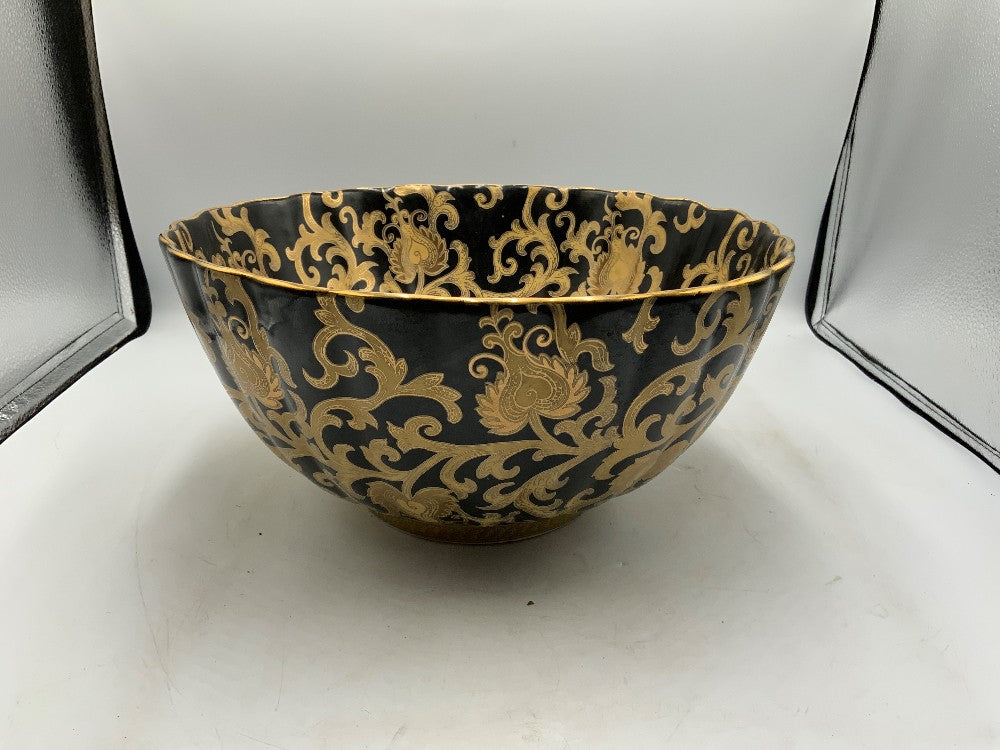Tapestry Scalloped Porcelain Black and Gold Large Bowl|287271