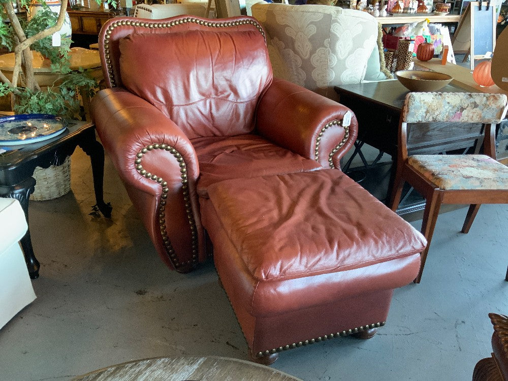 Red Leather Oversized Chair & Ottoman W/Gold Nail Head Trim|289121