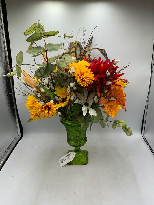 Green Glass Vase with Fall Floral|286032