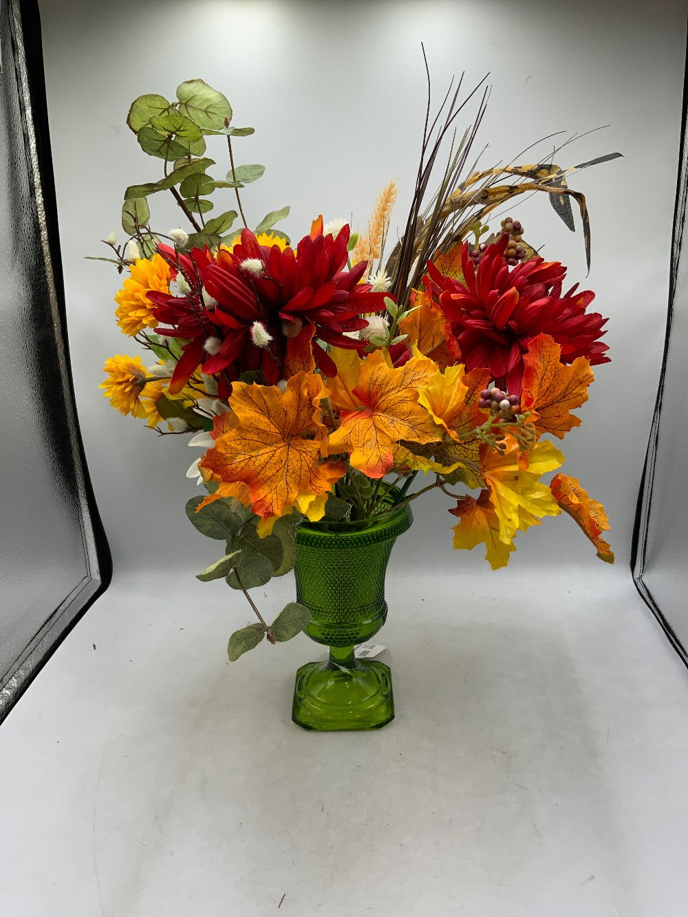 Green Glass Vase with Fall Floral|286033