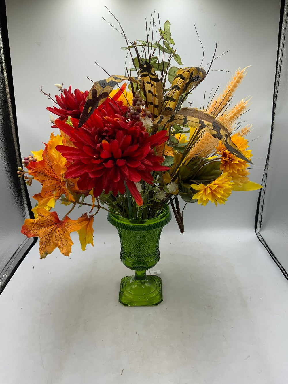 Green Glass Vase with Fall Floral|286034