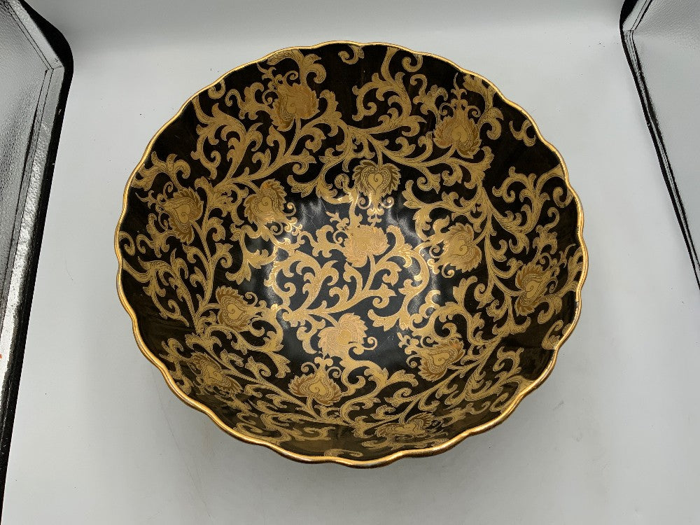 Tapestry Scalloped Porcelain Black and Gold Large Bowl|287273