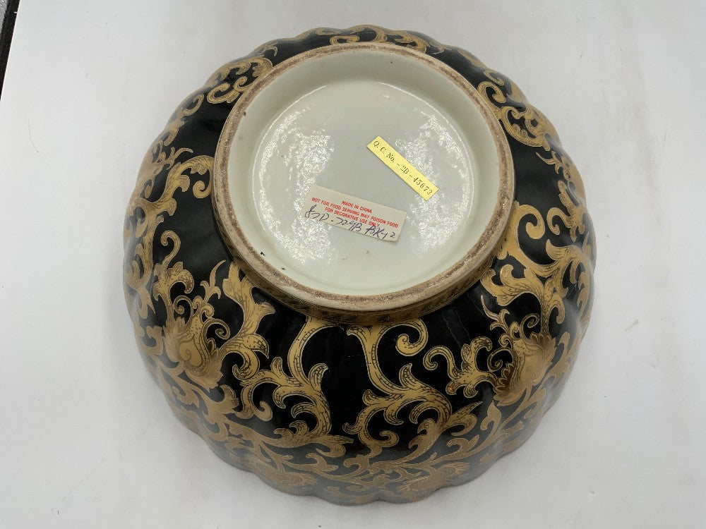 Tapestry Scalloped Porcelain Black and Gold Large Bowl|287274