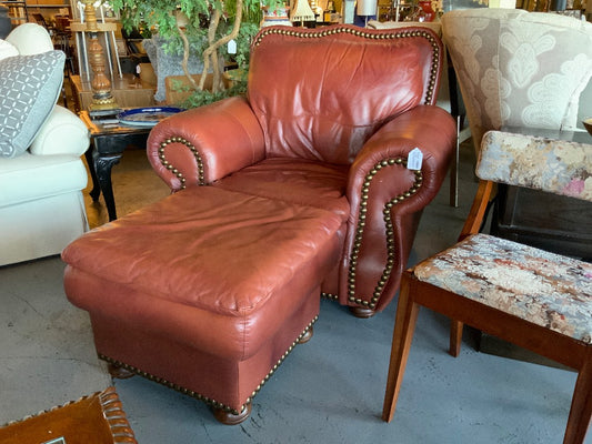 Red Leather Oversized Chair & Ottoman W/Gold Nail Head Trim|289120