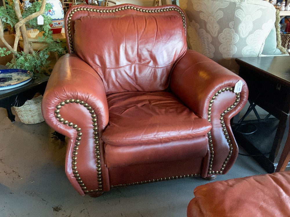Red Leather Oversized Chair & Ottoman W/Gold Nail Head Trim|289122
