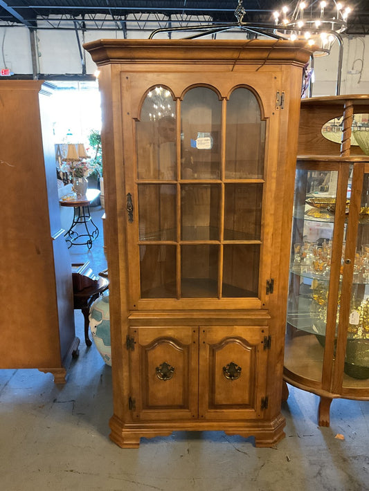Maple Wood Corner Cabinet with Glass Shelves|289225