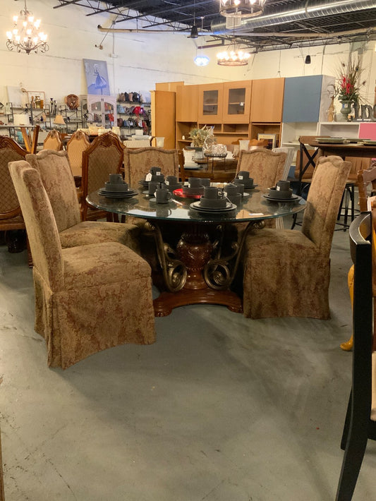 Glass Pedestal Table w/ 5 Upholstered Chairs|289366